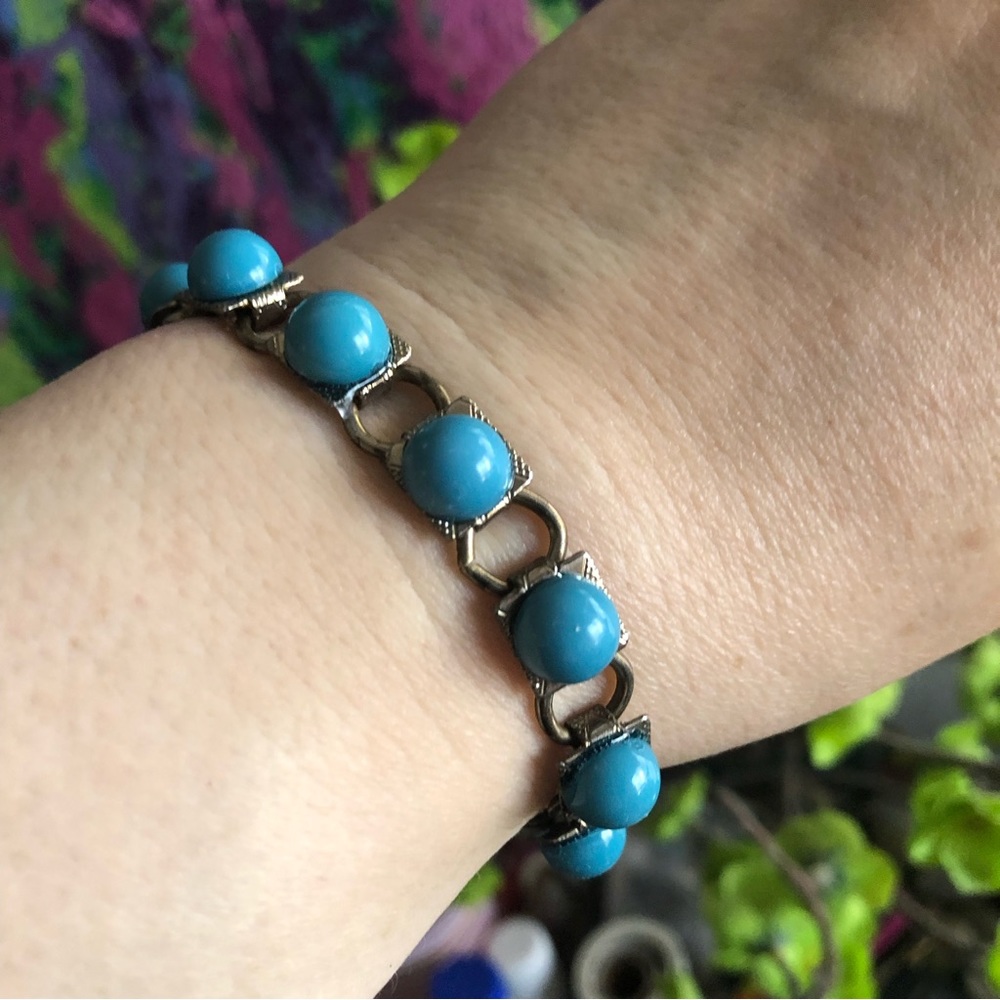 Vintage 70s turquoise cabochon silver link bracelet